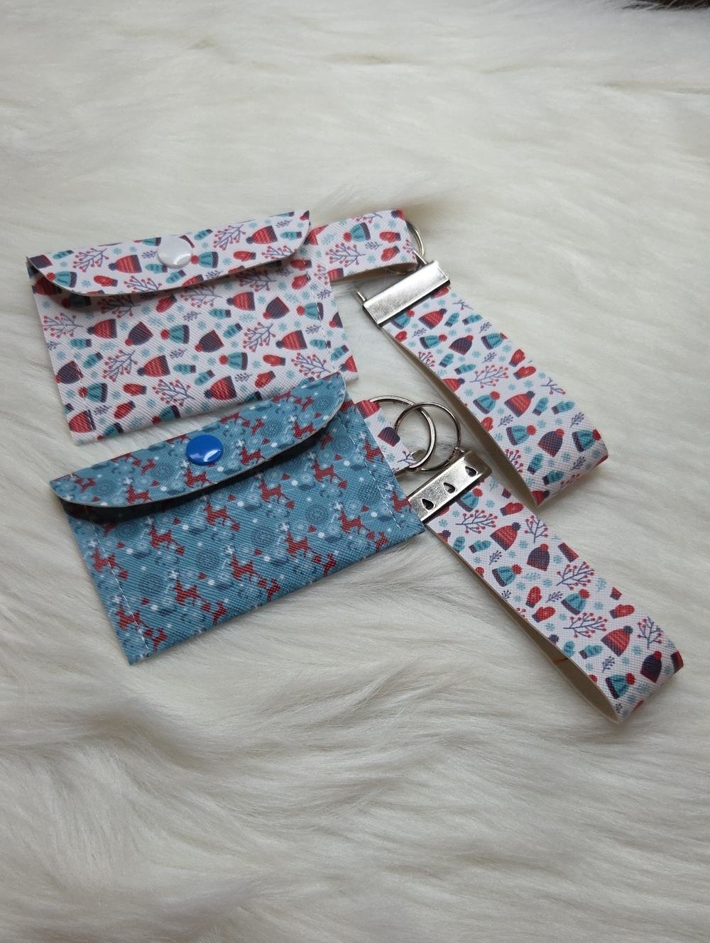 Reindeer Print Blue Vinyl Keyring Wallet - Small Wristlet Pouch. Handmade.